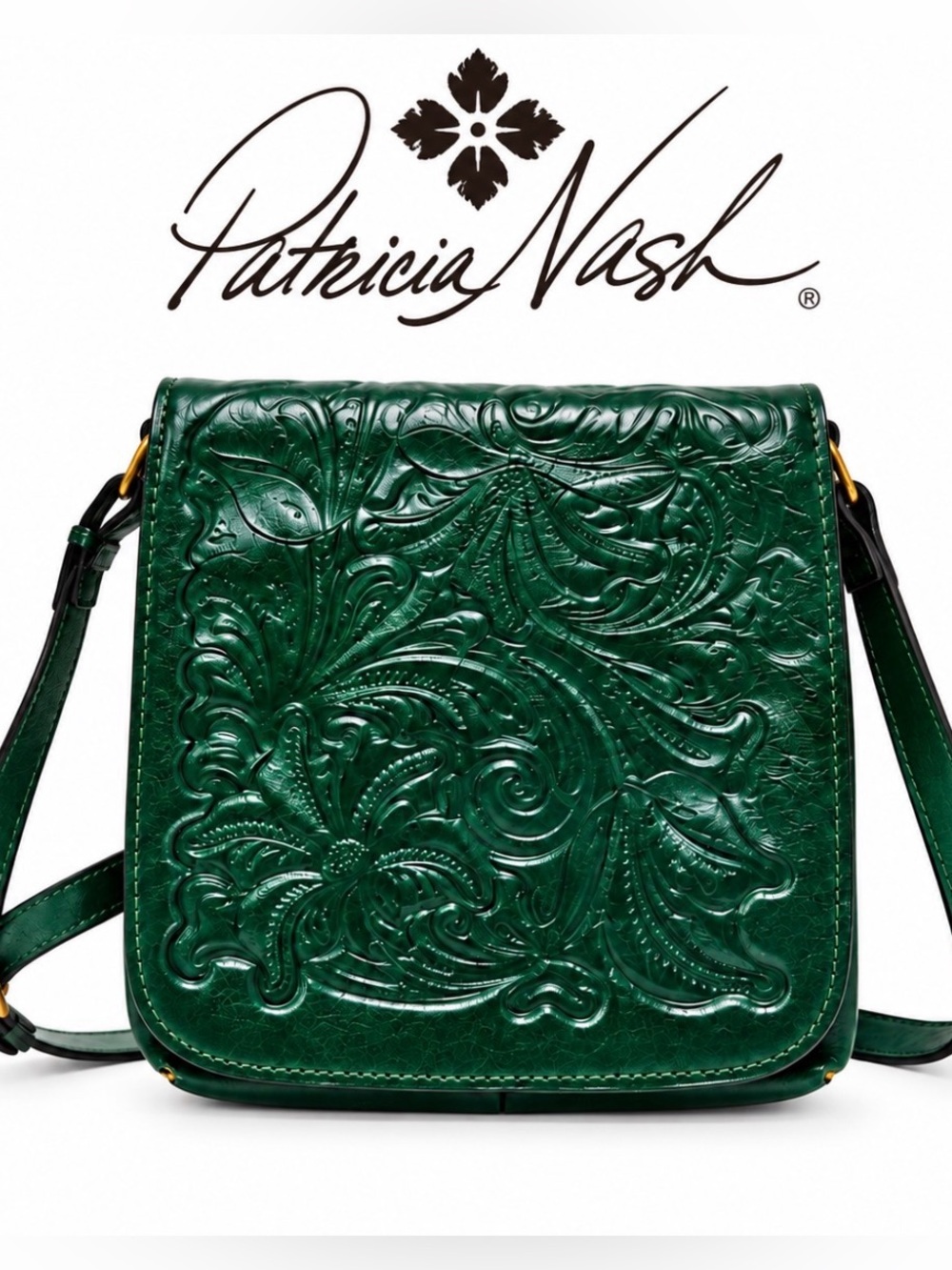 Patricia Nash Green Crossbody Shoulder Bag with Tooled Leather Floral pattern